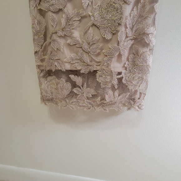 Tadashi Shoji Sz 8 Maci Gold Lace V-Neck Floral Embroidered Lined Cocktail Dress - Picture 10 of 16